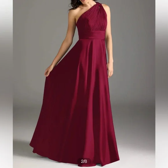 Burgundy A-Line One Shoulder Stretch Satin Dress - Picture 10 of 10